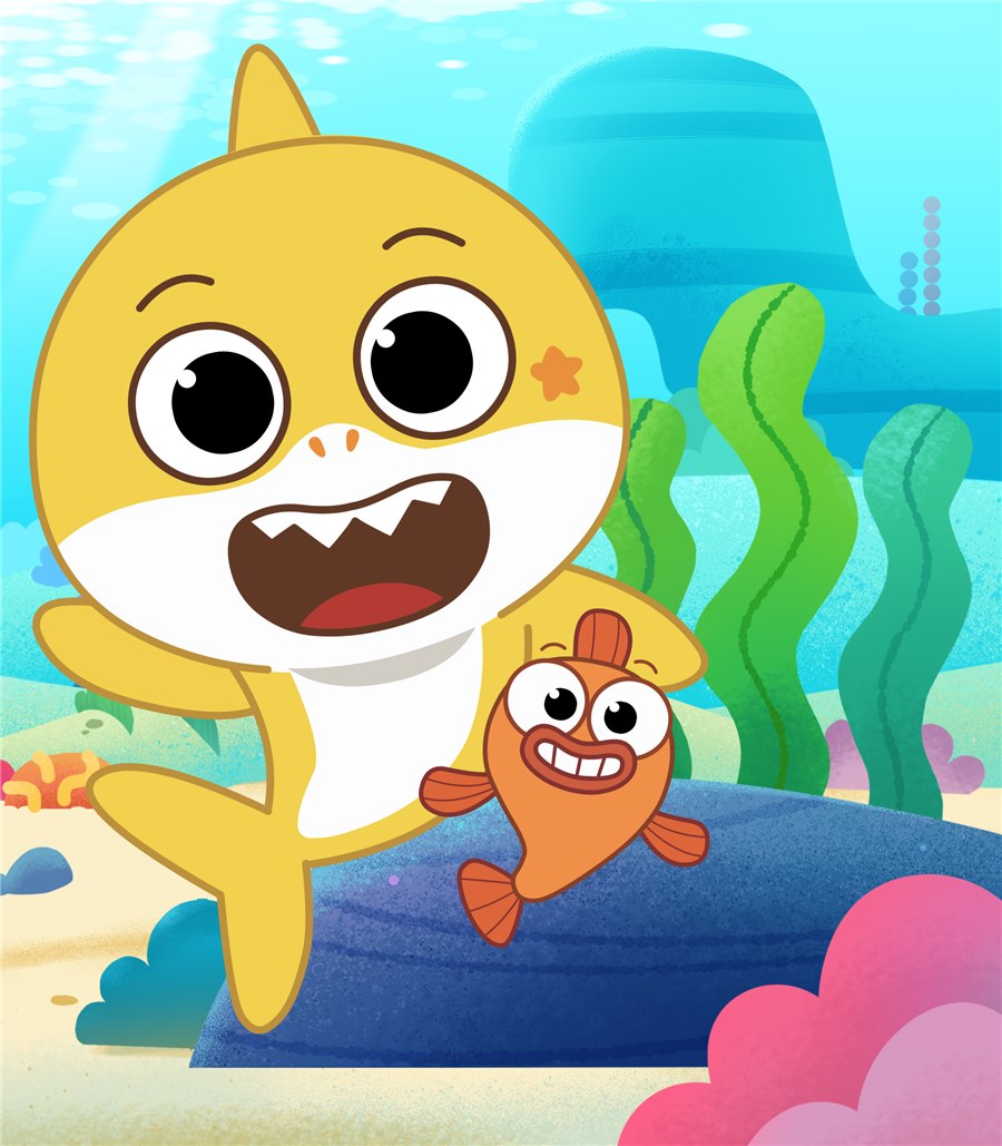 Baby Shark e o peixinho William nadando no fundo do mar